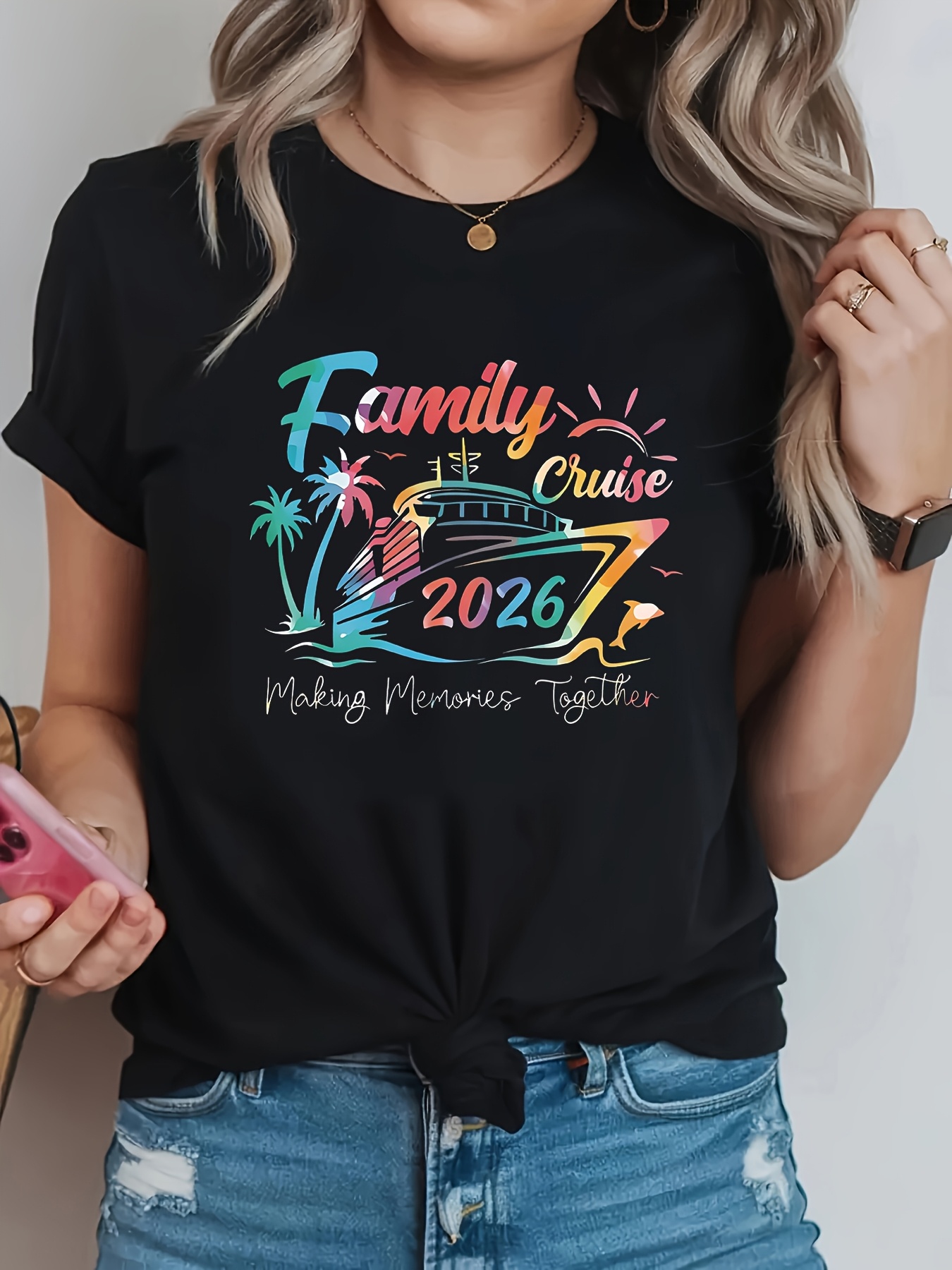Family Tree Print - プラスサイズの女性用カジュアルラウンドネックTシャツ春夏クルーズヤシの木柄ファミリークルーズ2026一緒に思い出を作りましょう