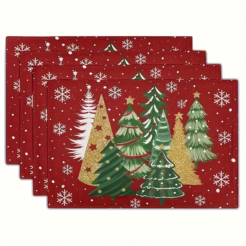 Family Tree Print - 赤いクリスマスツリーと雪の結晶柄のプレースマット、耐熱性、冬のクリスマスディナー、ホリデーギャザリング、家族の宴のテーブルデコレーションギフト