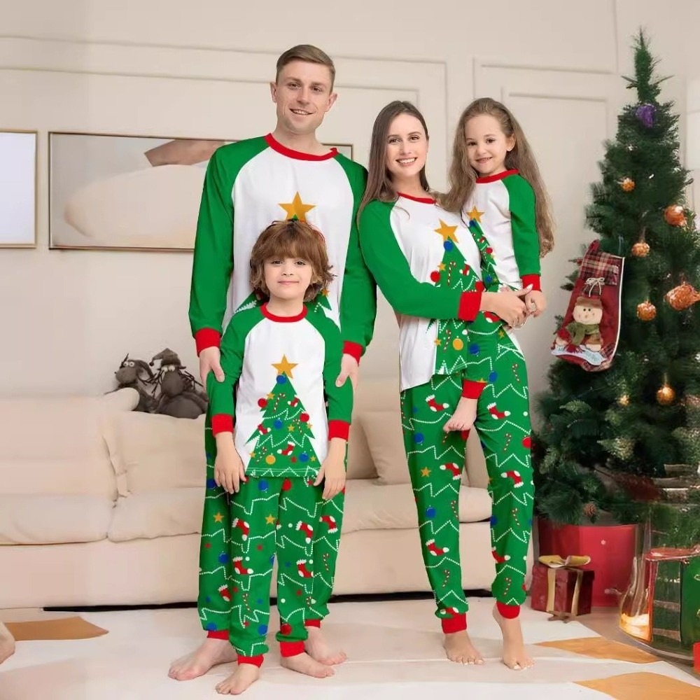 Family Tree Print - 長袖クリスマスパジャマセット、クリスマスツリー柄、ファミリーマッチングパジャマ、2ピースセット、ラウンドネックトップ+パンツ、男性用、女性用