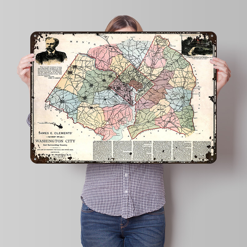 Custom Map Poster - ワシントン市地図プリントポスターカスタマイズされたレトロな壁アートヴィンテージメタルブリキ看板家の寝室の装飾デスク装飾用