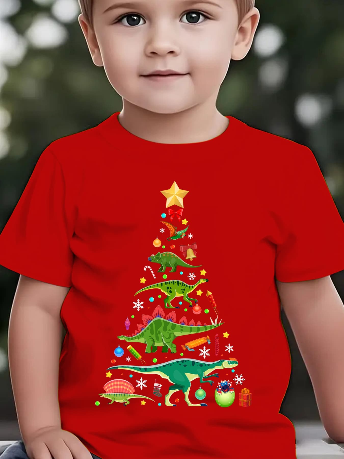 Family Tree Print - クリスマス 夏 子供用ファッションTシャツ 恐竜柄 ファミリー クリスマスツリー柄
