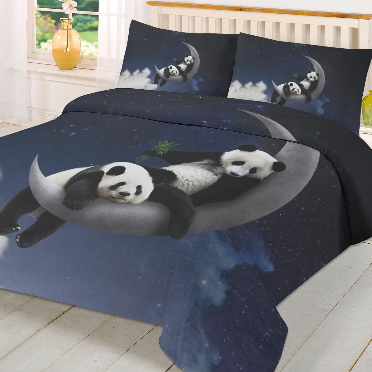 月夜空パンダ竹星動物布団カバー枕カバー付きカスタム3点寝具セ - Custom Night Sky のレビューと価格